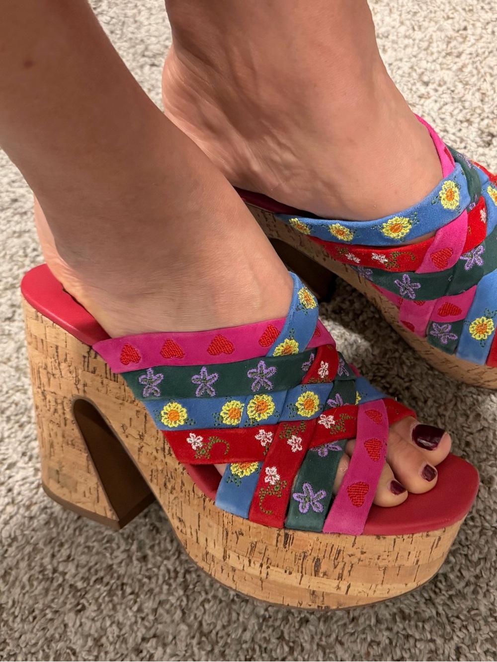 Free People Multicolor Embroidered Cork Platform Sandal - Pink, Blue, Red, Green - Picture 2 of 6